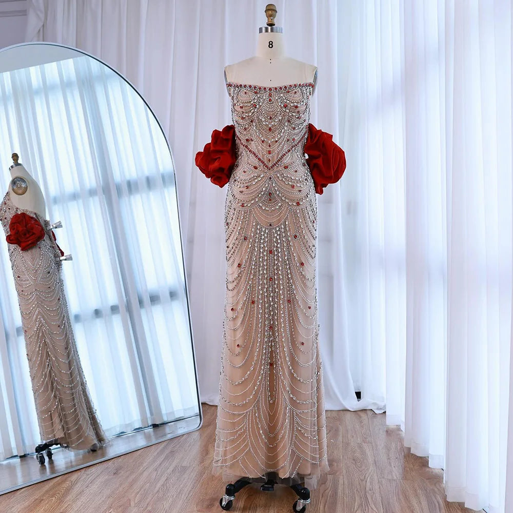 Luxury Beaded Evening Dress Puff Sleeves Pearl Adorned LA72903 - SERENE HILL