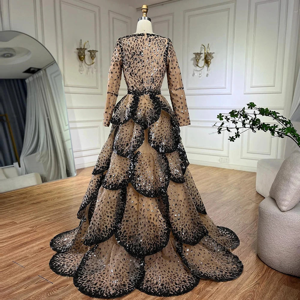 Luxury Black Nude Sequin Evening Dress with Long Sleeves LA72505B - SERENE HILL