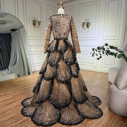 Luxury Black Nude Sequin Evening Dress with Long Sleeves LA72505B - SERENE HILL