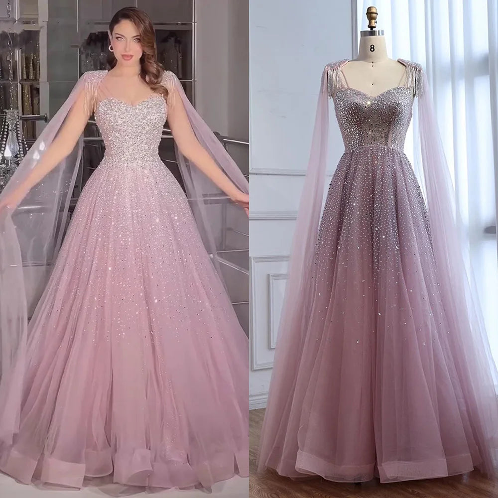 Luxury Pink Tulle Beaded A-Line Evening Dress with Cape Sleeves LA73072 - SERENE HILL
