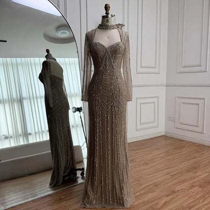 Caramel Beaded Mermaid Evening Dress with Long Sleeves LA72560B - SERENE HILL
