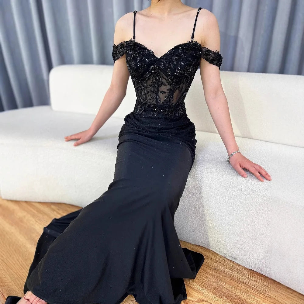 Classy Black Off-Shoulder Lace Prom Dress LA72999 - SERENE HILL