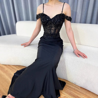 Classy Black Off-Shoulder Lace Prom Dress LA72999 - SERENE HILL