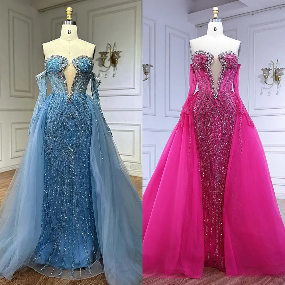 Luxury Blue Mermaid Evening Dress with Gloves and Overskirt LA72582 - SERENE HILL