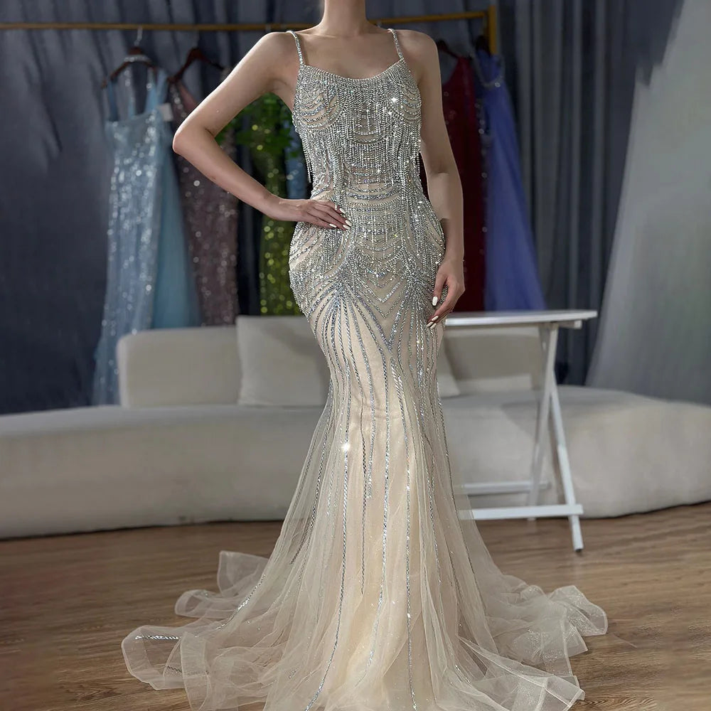 Luxury Nude Pink Crystal Tassel Mermaid Evening Dress LA72772 - SERENE HILL