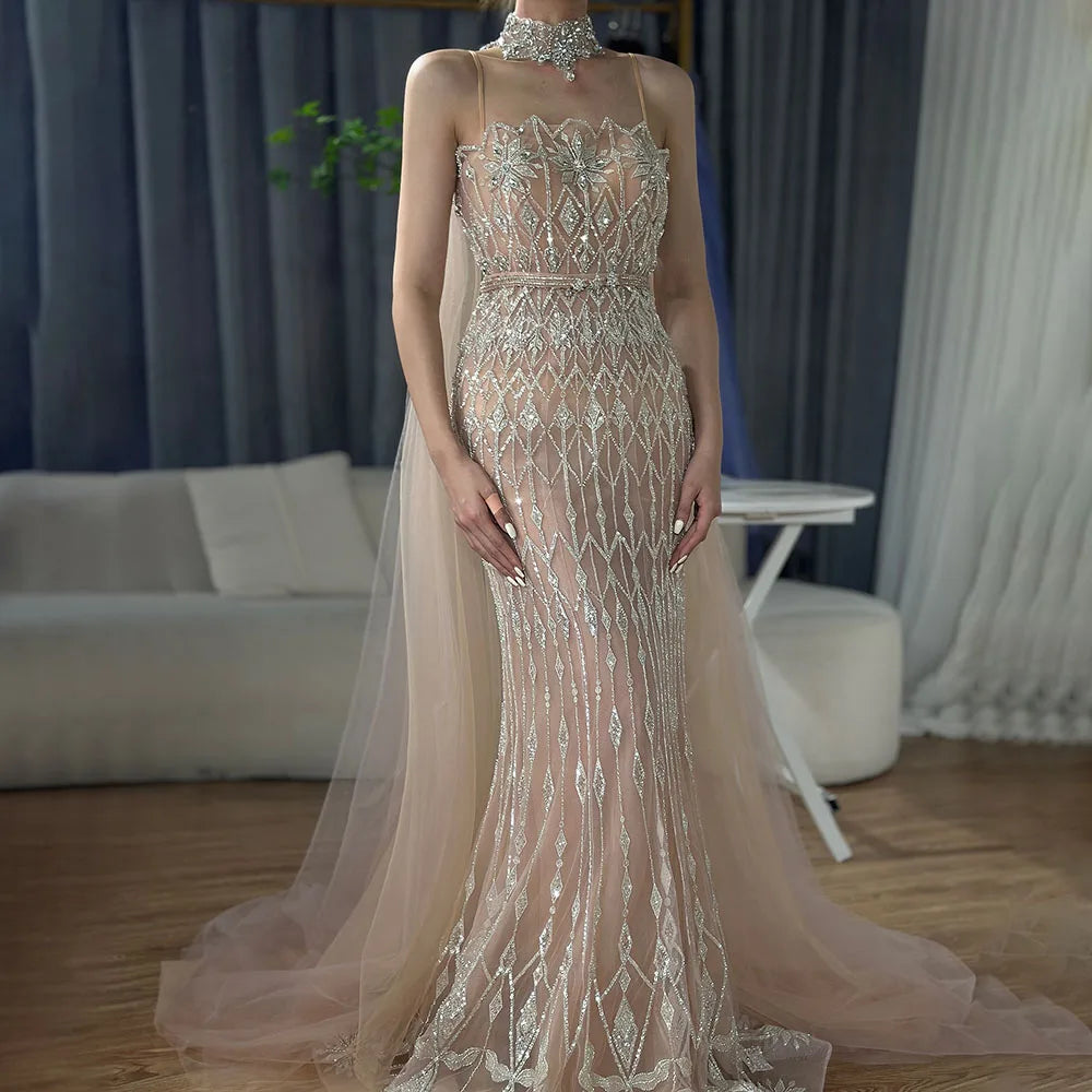 Luxury Nude Beaded Mermaid Evening Dress with Cape LA72711 - SERENE HILL