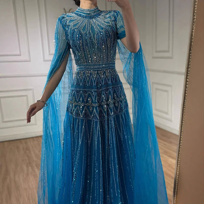 Luxury Arabic Blue Beaded Evening Dress with Cape Sleeves LA73187 - SERENE HILL