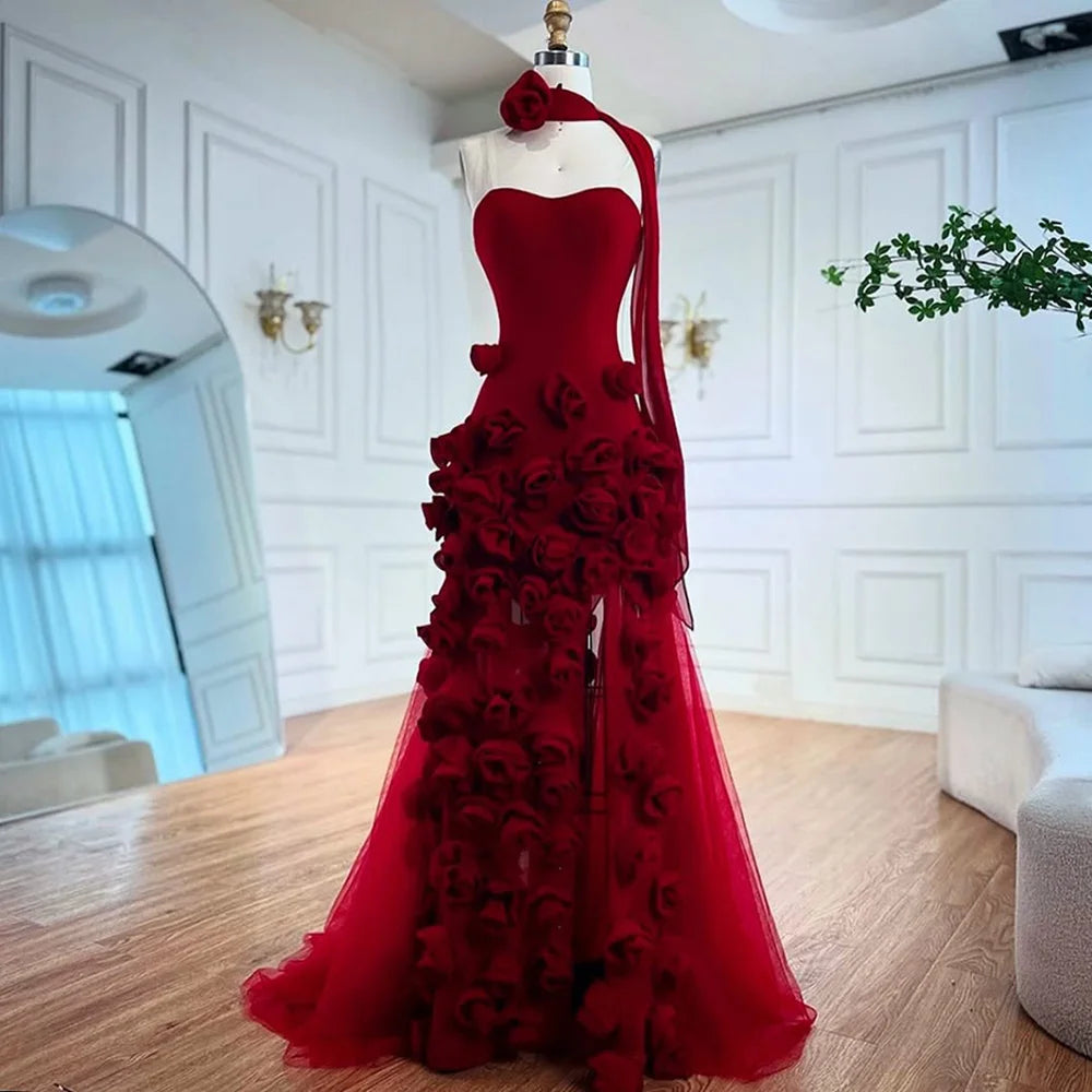 Elegant Evening Dress for Girls Arabic Pink 3D Flowers Elegant Srapless Dress Side Split Prom Party Gowns LA72568 - SERENE HILL
