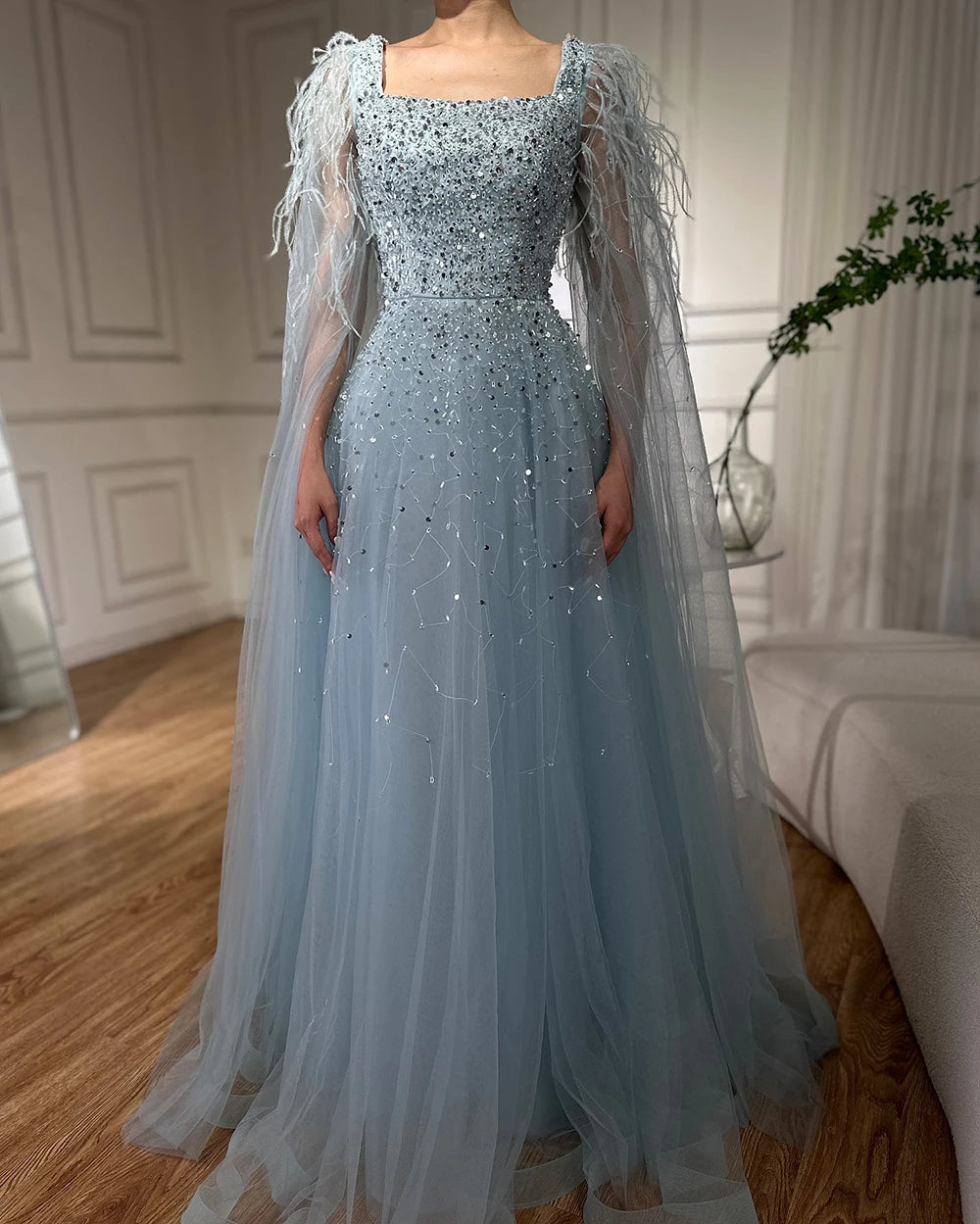 Luxury Blue A-Line Feathers Beaded Evening Dress with Cape Sleeves LA71782A - SERENE HILL