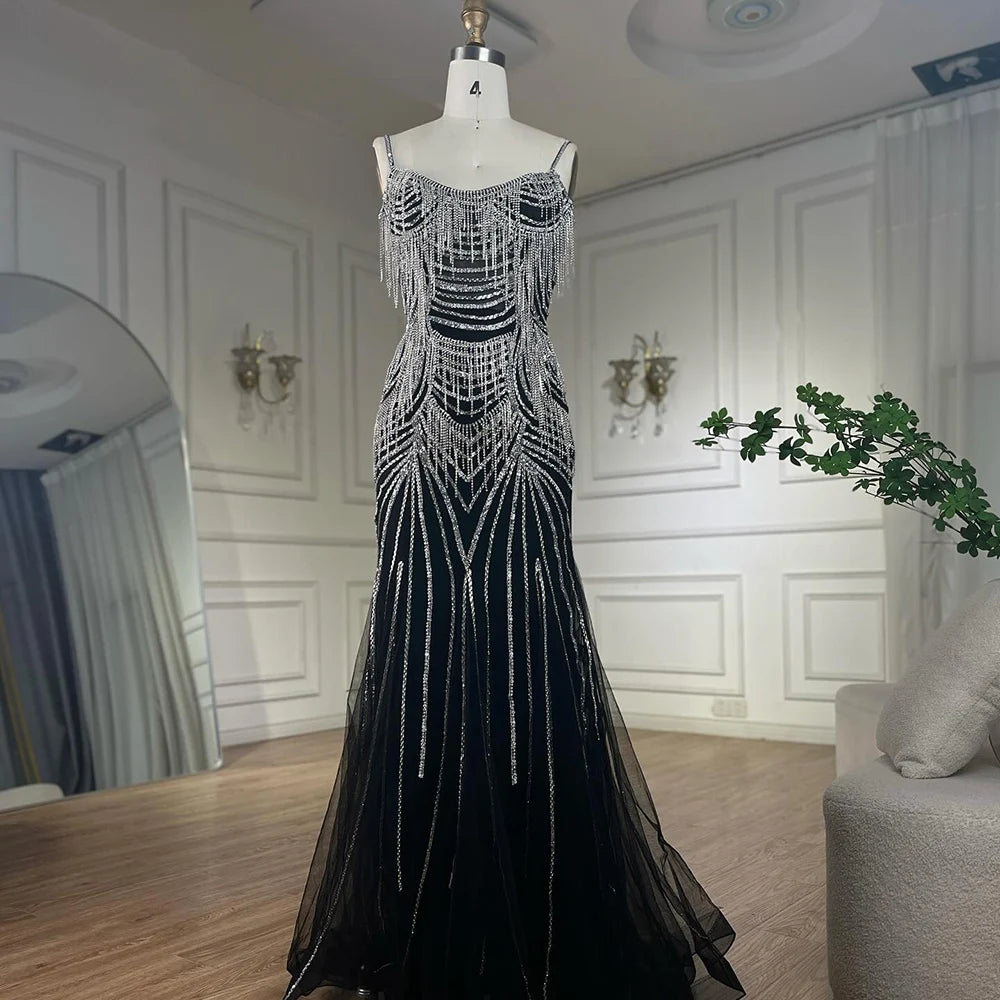 Luxury Nude Pink Crystal Tassel Mermaid Evening Dress LA72772 - SERENE HILL