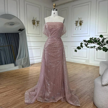 Luxury Dubai Customize Pink Elegant Saudi Mermaid Beaded Arabic Evening Dresses Gown For Formal Occasion LA72204A - SERENE HILL