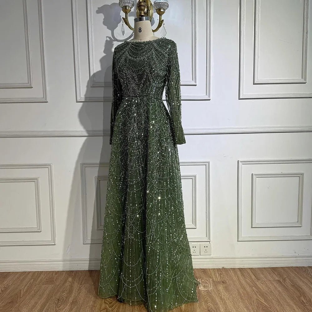 Luxury Olive Green Beaded A-Line Modest Evening Dress Plus Size LA72738B - Olive Green / 6 Luxury Olive Green Beaded A-Line Modest Evening Dress Plus Size LA72738B - Olive Green / 6