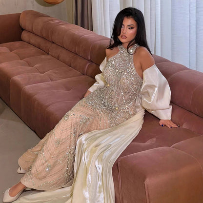 Luxury Kosovo Nude Halter Beaded Evening Dress with Bow Cape LA73218 - SERENE HILL