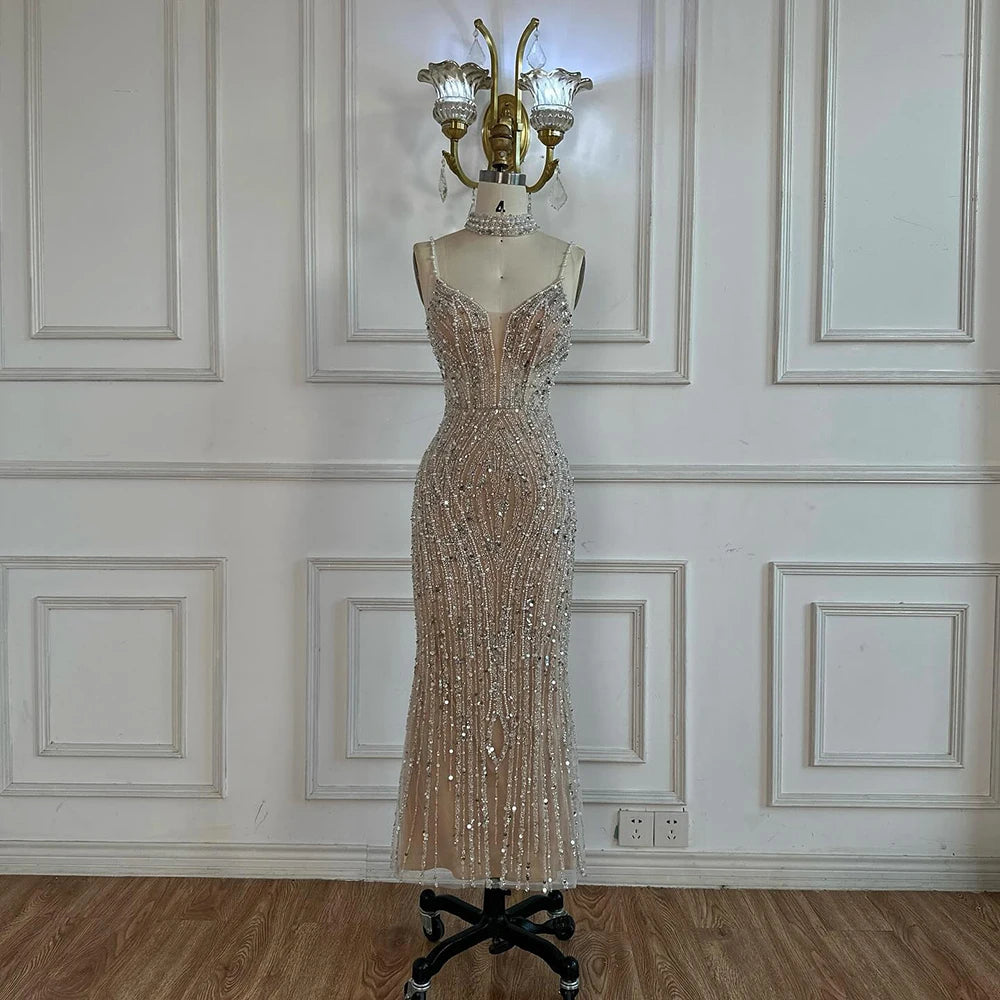 White Nude Beaded Evening Dress with Spaghetti Straps LA72047D - SERENE HILL