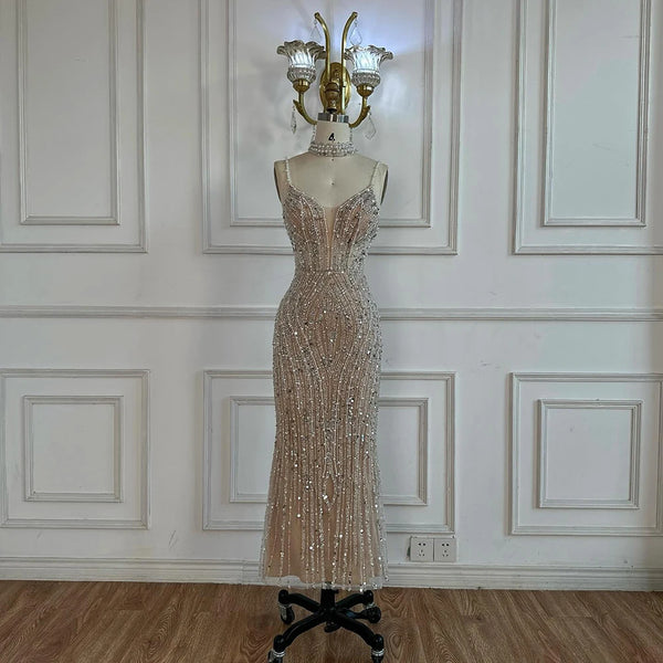 White Nude Beaded Evening Dress with Spaghetti Straps LA72047D