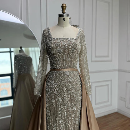 Luxury Dubai Arabic Muslim Caramel Mermaid Beaded Evening Gown with Overskirt LA72533A - SERENE HILL