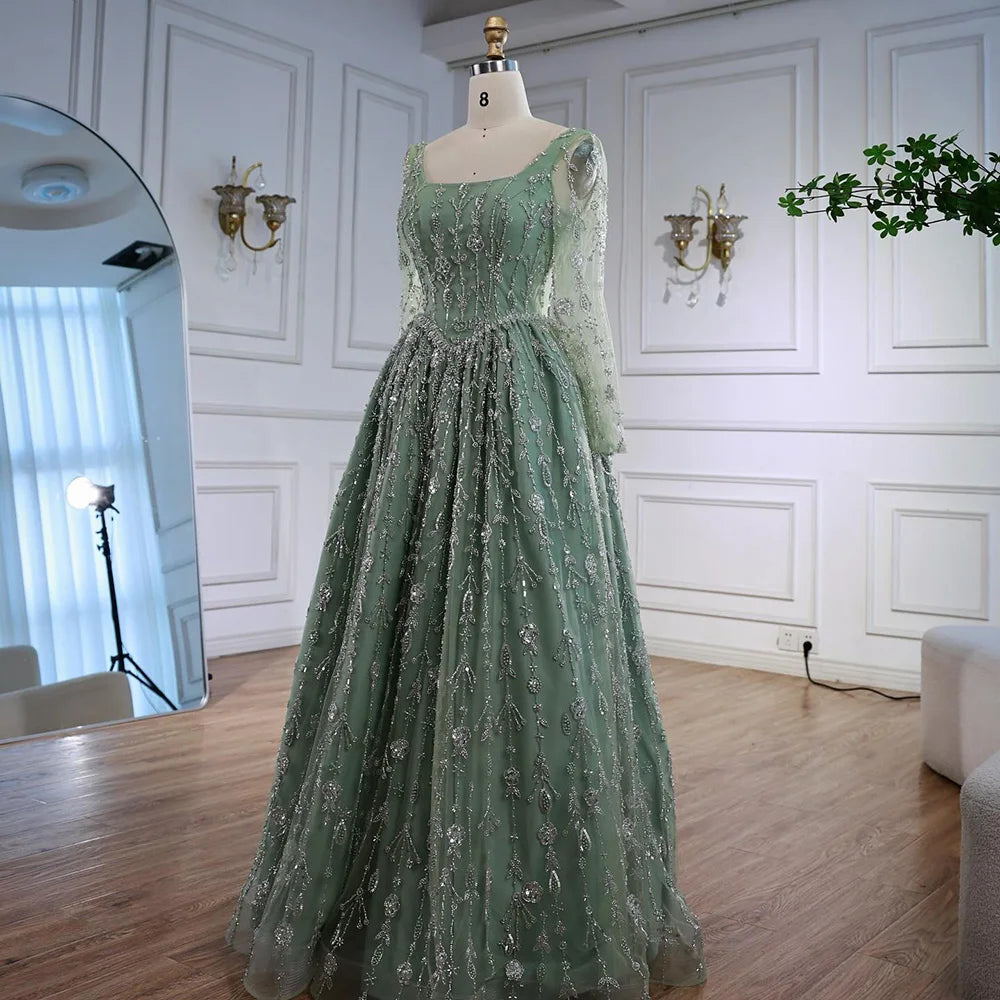 Luxury Sage Green Beaded Evening Dress with Long Sleeves LA72805B - SERENE HILL