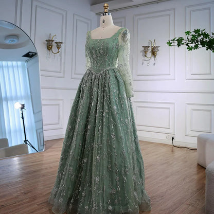 Luxury Sage Green Beaded Evening Dress with Long Sleeves LA72805B - SERENE HILL