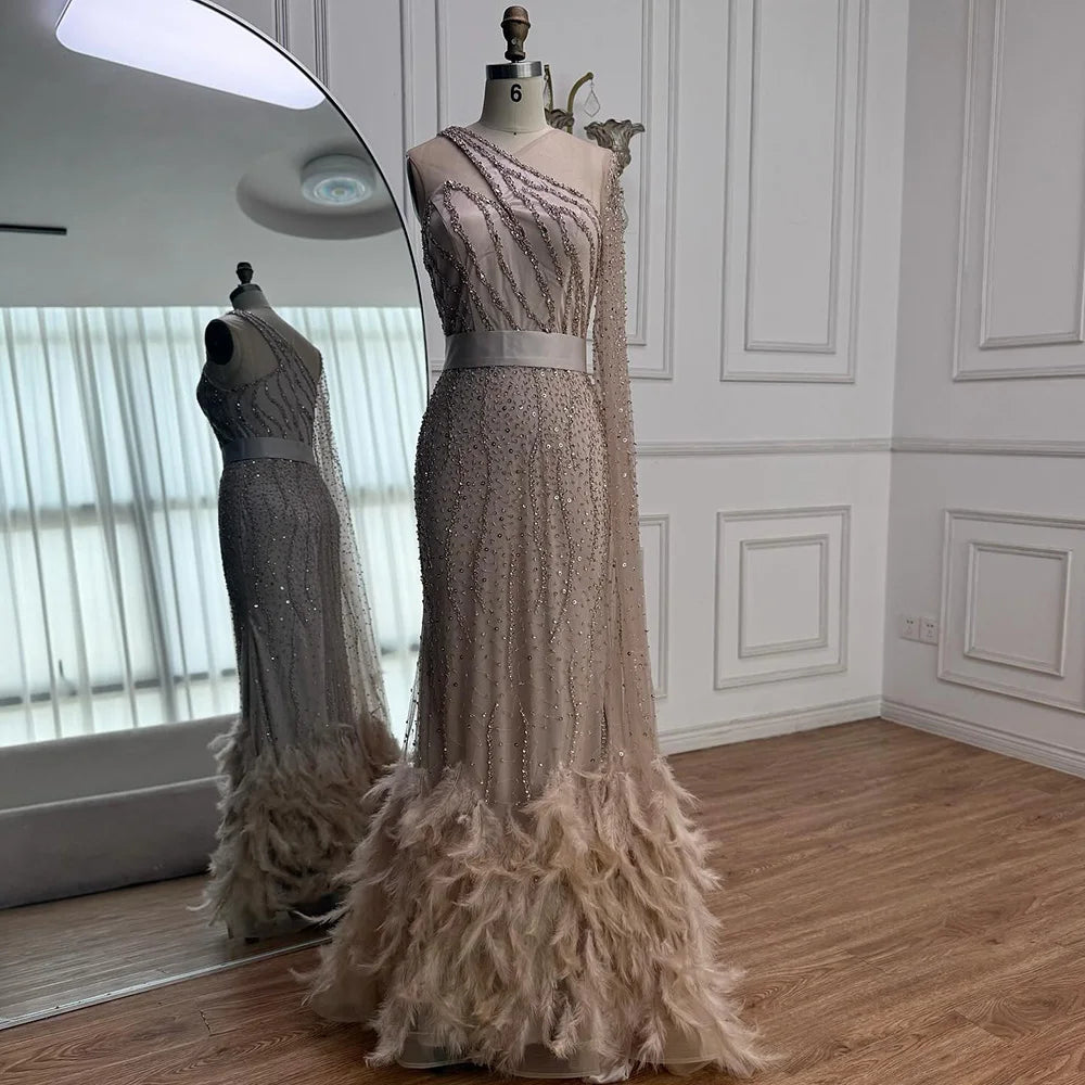 Elegant Nude One Shoulder Feather Beaded Mermaid Evening Dress LA71096 - SERENE HILL