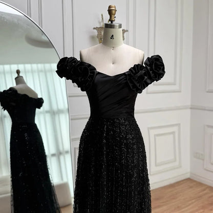 Luxury Black Off Shoulder Sequin Evening Dress with Floral Sleeves LA73096 - SERENE HILL