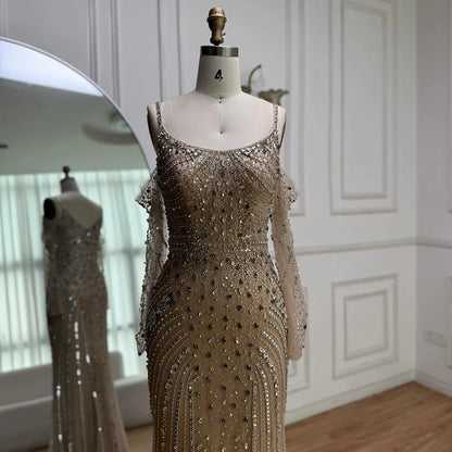 Luxury Nude Navy Blue Silver Beaded Evening Dress with Long Sleeves LA73120 - SERENE HILL