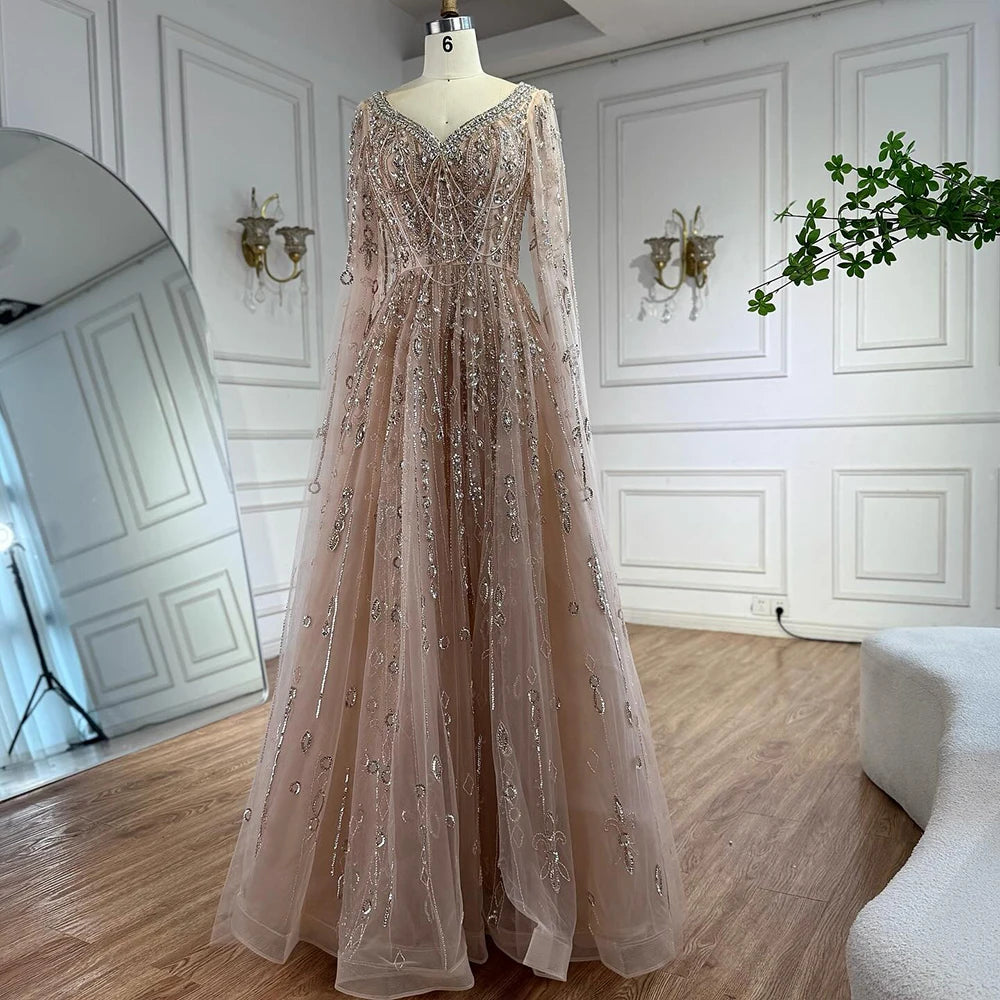 Luxury Nude Beaded Evening Dress with Cape Sleeves for Formal Occasion LA72764A Nude / 10 Luxury Nude Beaded Evening Dress with Cape Sleeves for Formal Occasion LA72764A Nude / 10