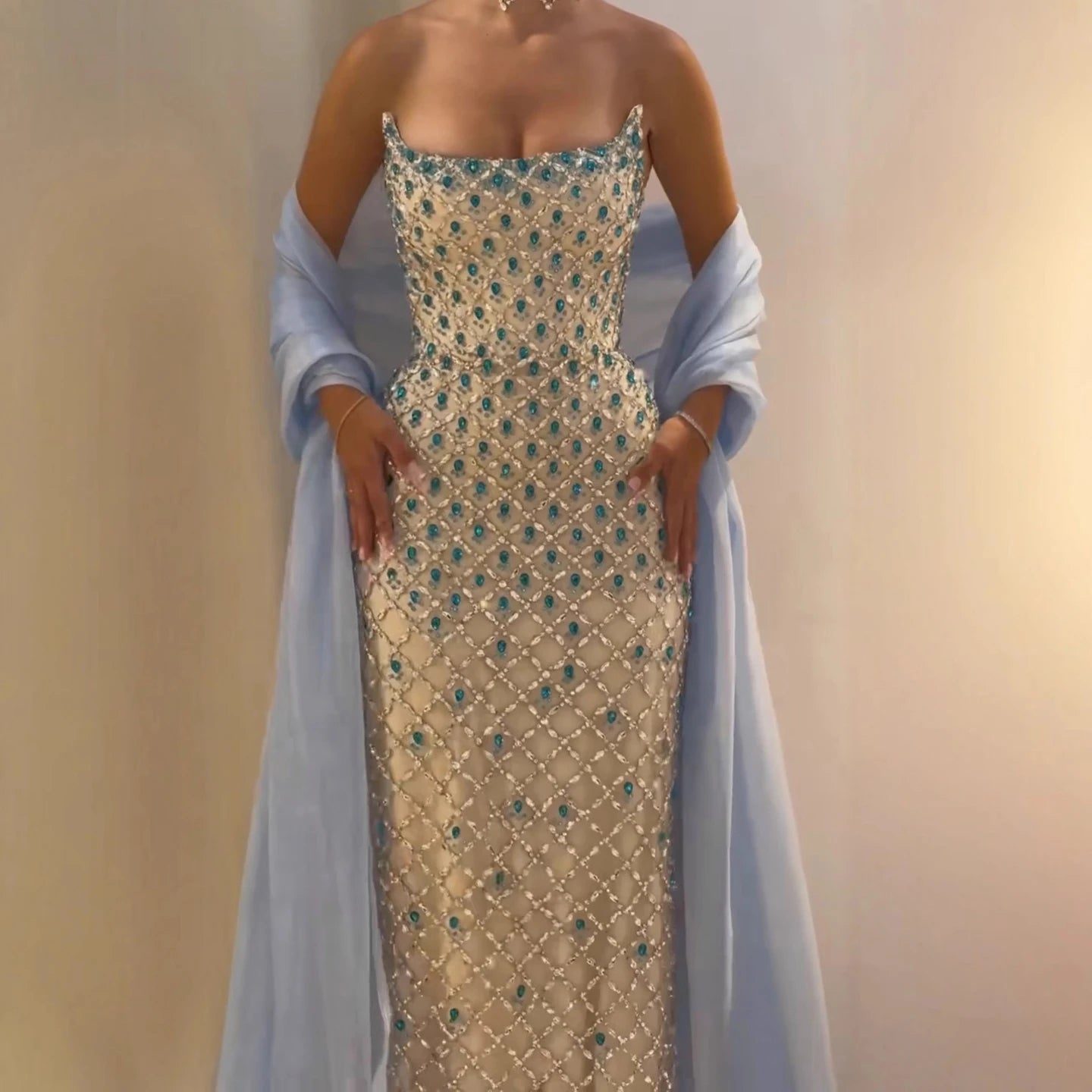 Luxury Blue Diamond Evening Dress with Cape Gown for Wedding Party LA73226 – SERENE HILL