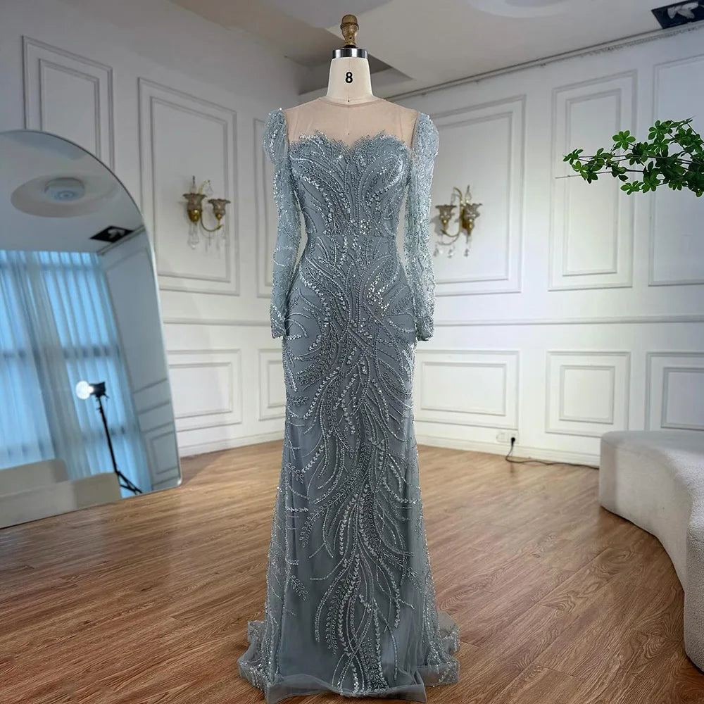 Luxury Sage Green Beaded Evening Dress with Detachable Overskirt LA73066 - SERENE HILL