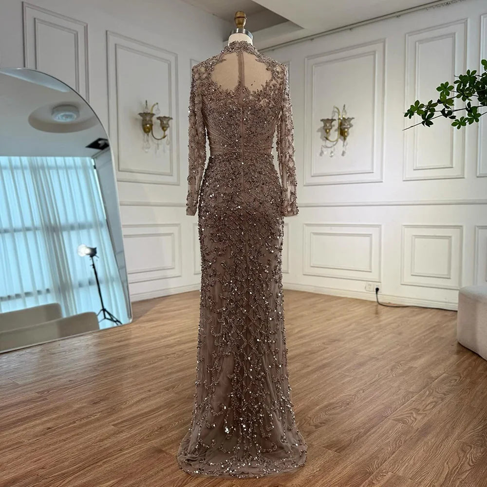 Caramel Beaded High Neck Mermaid Evening Dress Plus Size LA71747A - SERENE HILL