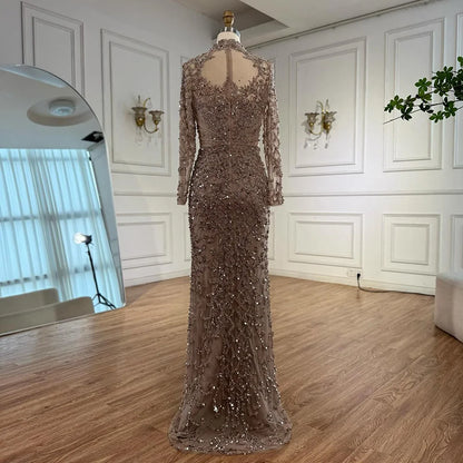 Caramel Beaded High Neck Mermaid Evening Dress Plus Size LA71747A - SERENE HILL