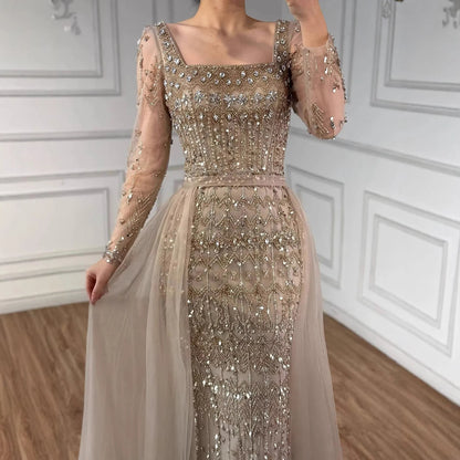 Luxury Arabic Square Neck Beaded Mermaid Evening Dress LA72714D - SERENE HILL