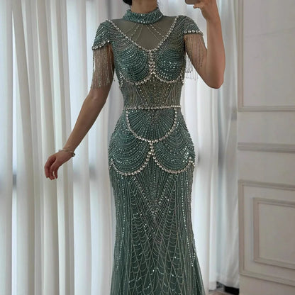 Luxury Turquoise High Neck Beaded Tassel Evening Dress for Women LA73112 - SERENE HILL