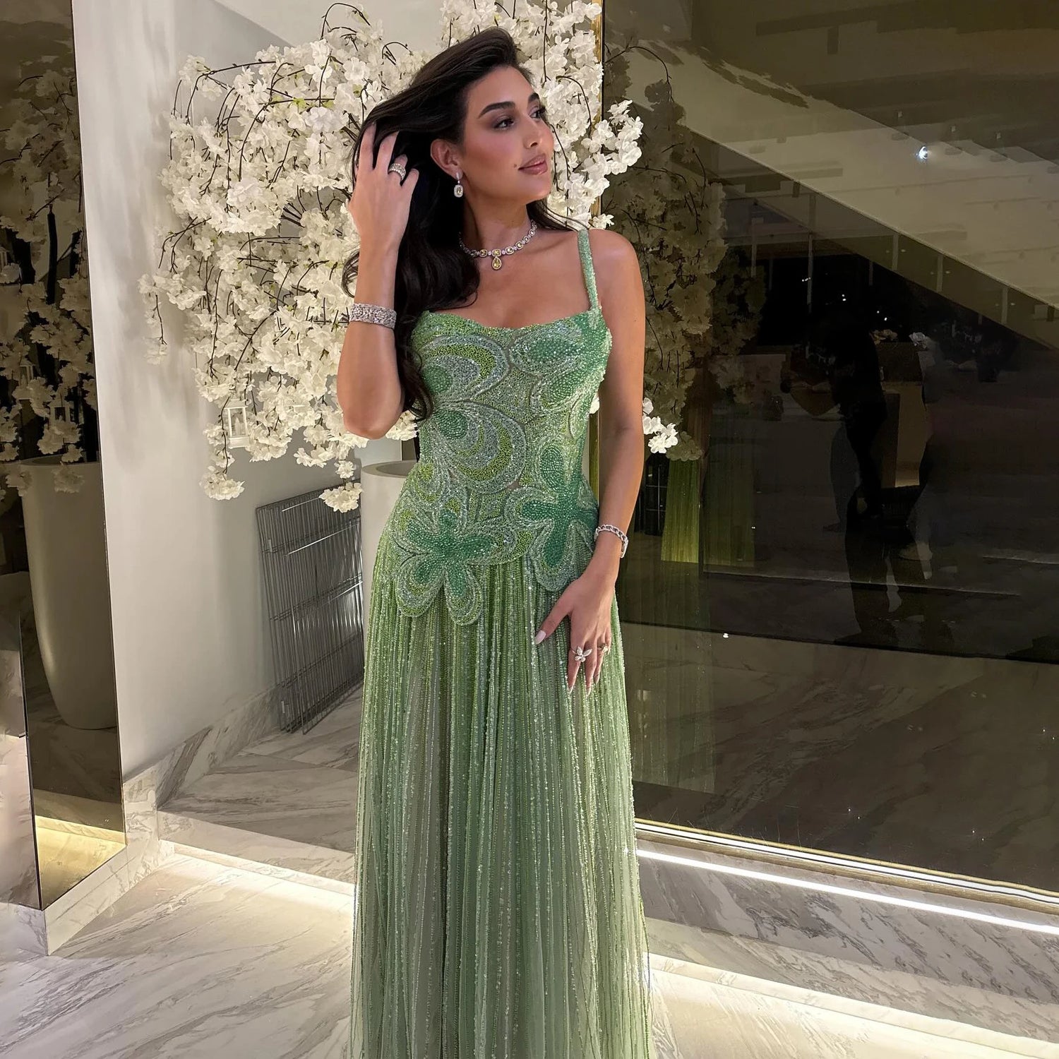 Luxury Arabic Green Beaded Spaghetti Strap Evening Dress LA73332 - SERENE HILL