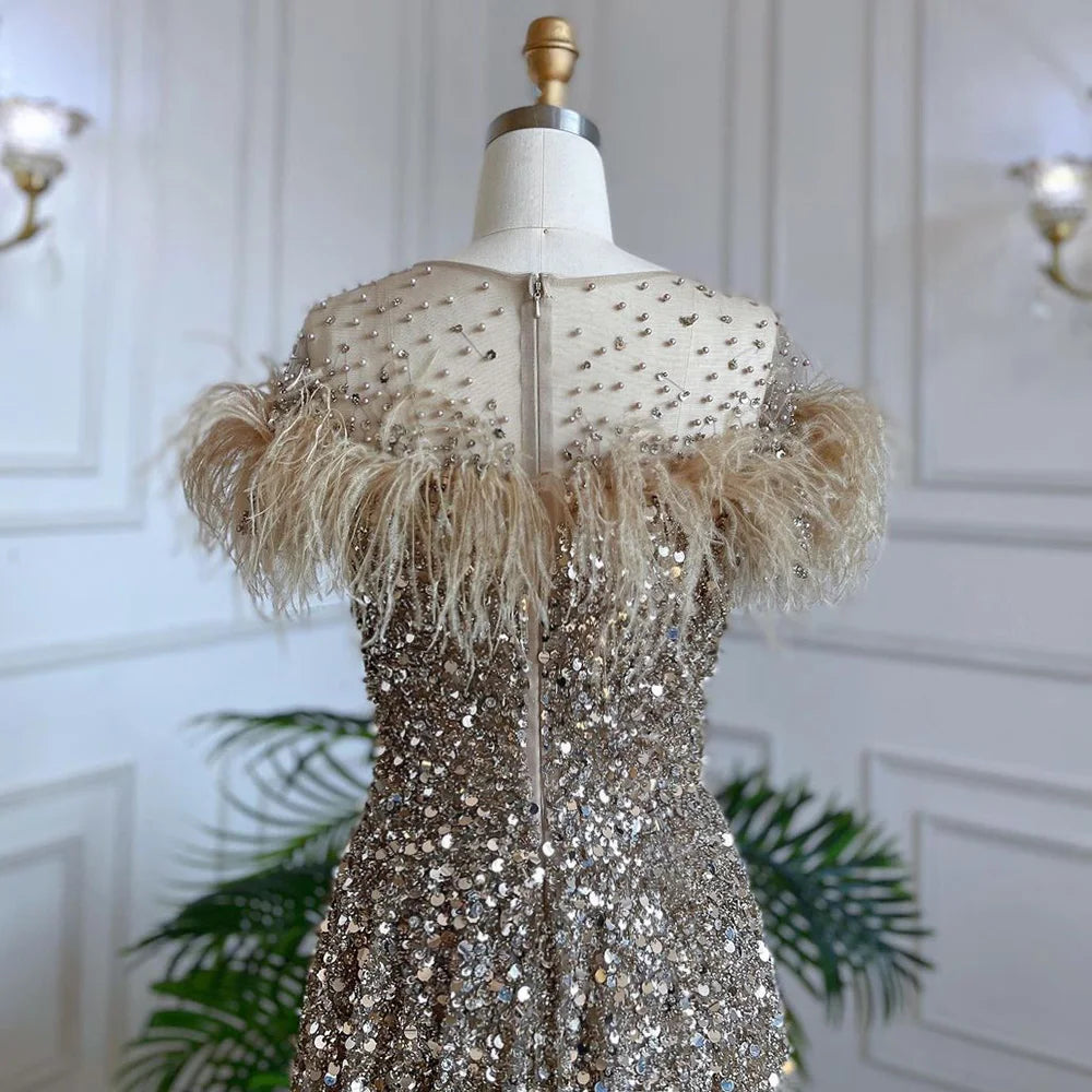 Luxury Caramel Feather Beaded A-Line Evening Dress LA71720 - SERENE HILL