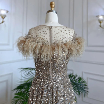 Luxury Caramel Feather Beaded A-Line Evening Dress LA71720 - SERENE HILL