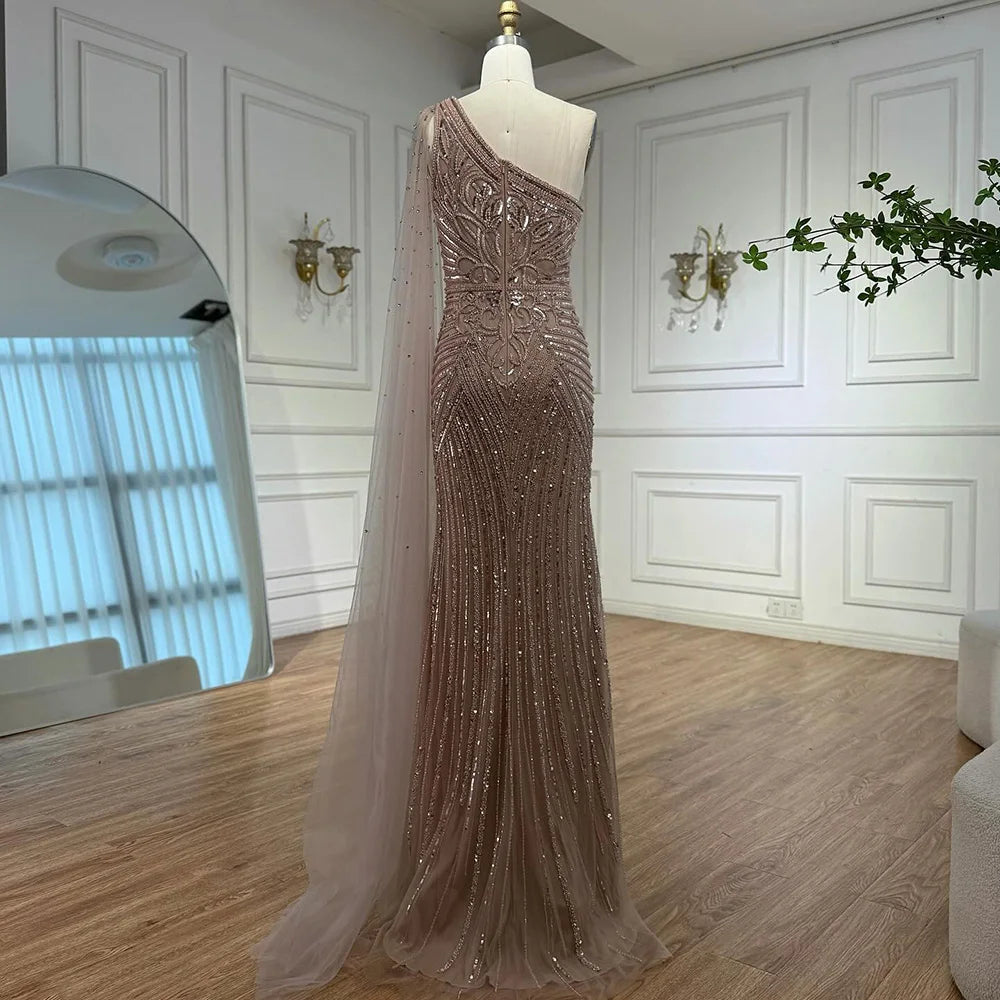 Luxury Caramel Beaded Mermaid Evening Dress with One Shoulder Cape LA73085 - SERENE HILL