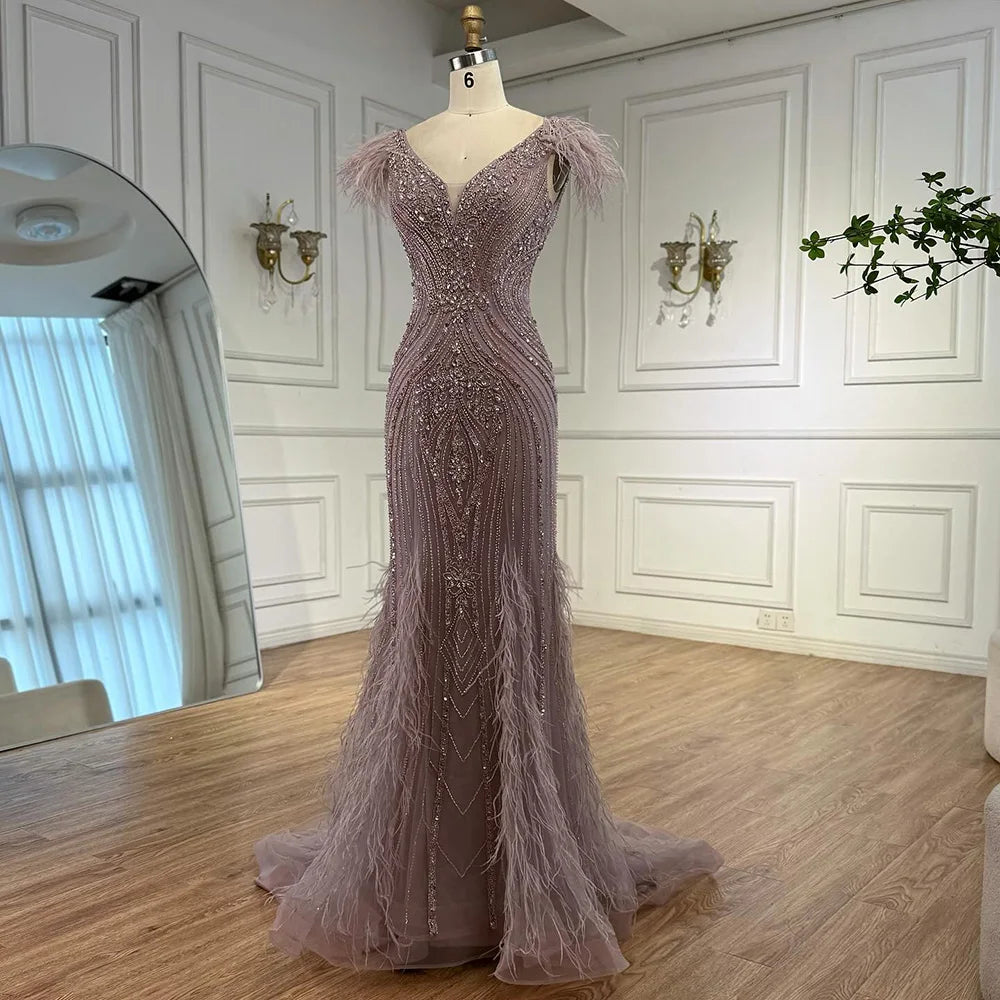 Luxury Designer Pink Feather Beaded Mermaid Evening Dress LA73098 - SERENE HILL
