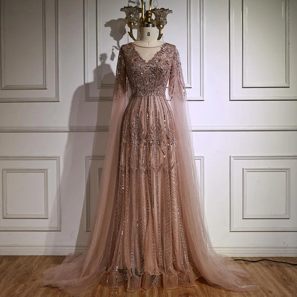 Elegant Beaded A-Line Evening Dress with Cape Sleeves LA73056