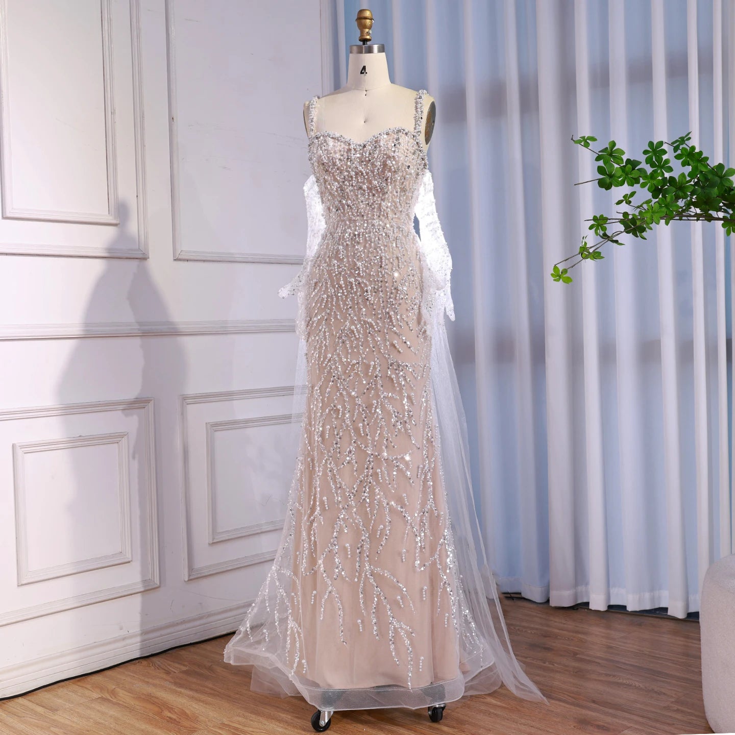 Luxury Lace Pearls Mermaid Evening Dress With Glove White Nude LA72345E - SERENE HILL
