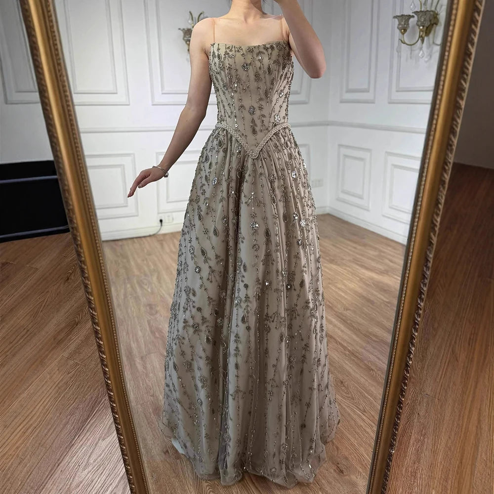 Luxury Sage Green Beaded A-Line Spaghetti Strap Evening Dress LA72805 - SERENE HILL