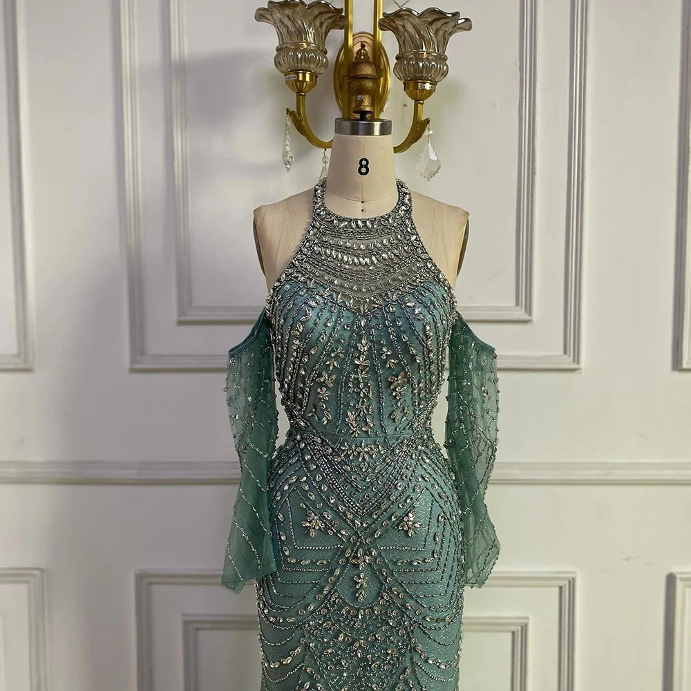 Luxury Turquoise Mermaid Evening Dress Detachable Sleeves LA72925 - SERENE HILL