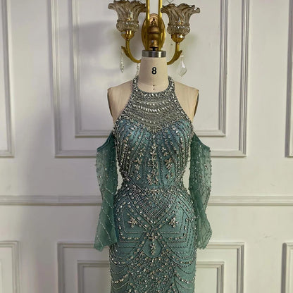 Luxury Turquoise Mermaid Evening Dress Detachable Sleeves LA72925 - SERENE HILL