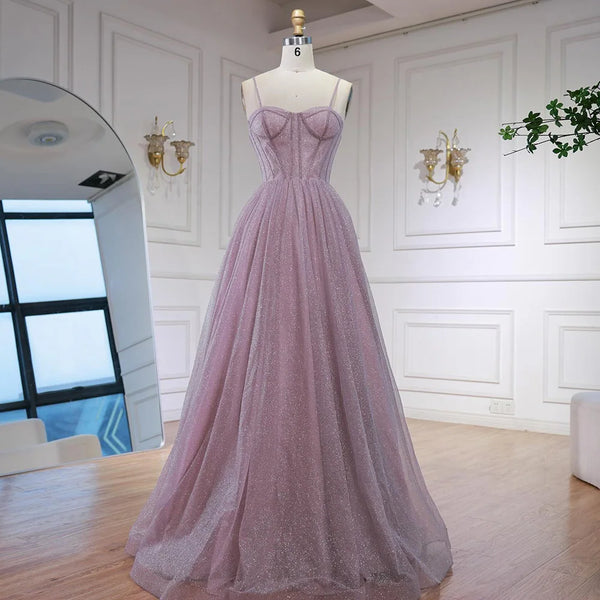 Luxury Pink Glitter A-Line Evening Dress with Corset Bodice LA73017