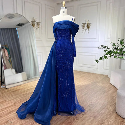 Serene Hill Blue Mermaid Elegant One Shoulder Evening Dresses Gowns Luxury Pearls Beaded For Women Wedding Party 2025 LA72244 - SERENE HILL