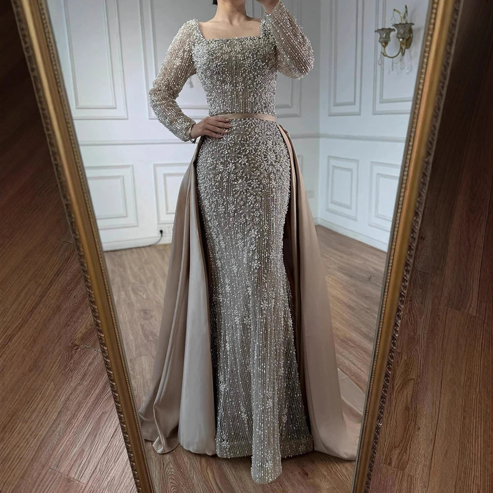 Luxury Dubai Arabic Muslim Caramel Mermaid Beaded Evening Gown with Overskirt LA72533A - SERENE HILL