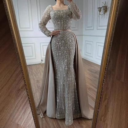 Luxury Dubai Arabic Muslim Caramel Mermaid Beaded Evening Gown with Overskirt LA72533A - SERENE HILL