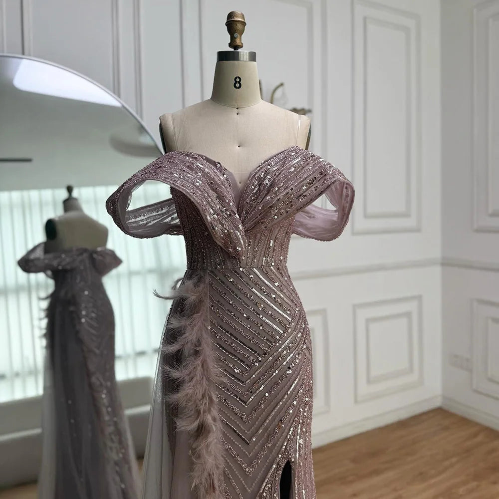 Luxury Pink Off Shoulder Beaded Feather Mermaid Evening Dress LA73111 - SERENE HILL