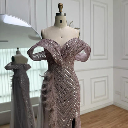 Luxury Pink Off Shoulder Beaded Feather Mermaid Evening Dress LA73111 - SERENE HILL