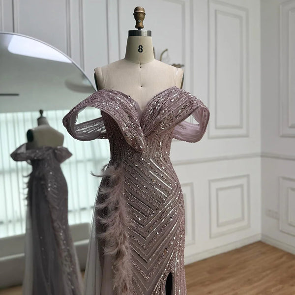 Luxury Pink Off Shoulder Beaded Feather Mermaid Evening Dress LA73111