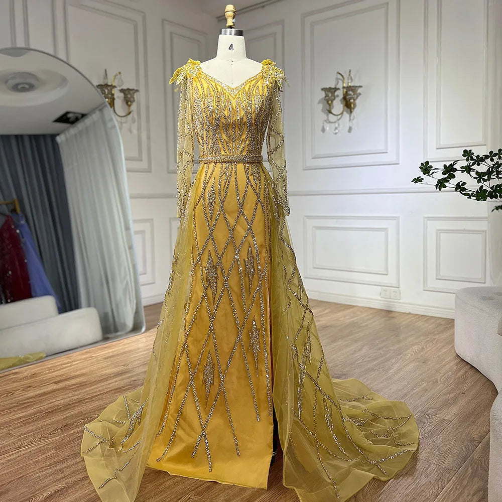 Serene Hill Muslim Gold Mermaid With Overskirt Beaded Luxury Dubai Evening Dresses Gowns 2025 For Women Wedding Party LA72211 - SERENE HILL